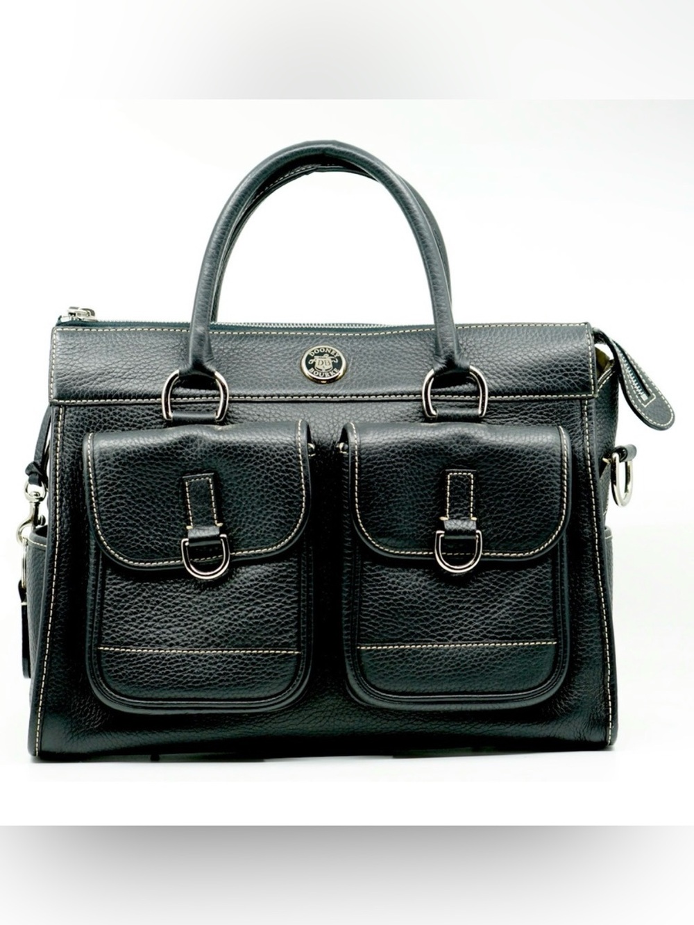 1990s DOONEY & BOUKE classic black pebbled leather double pocket crossbody tote